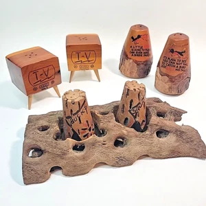Vintage Salt & Pepper Shakers Wood Cactus & Hand Crafted Primitive Art Unique - Picture 1 of 13