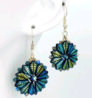 Ohrringe Damen Schmuck Handarbeit Perlen Blume Blau Grün türkis 925 Silber NEU - Bild 1 von 4