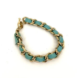 Bracelet Braided Teal Turquoise Faux Leather and Gold-Tone Curb Link Chic - Picture 1 of 4