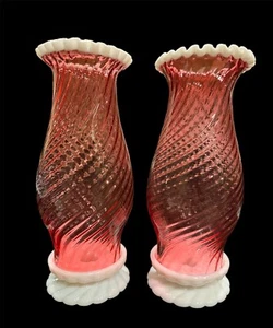 Fenton Cranberry Swirl Snow Crest Hurricane Lamp Shade & Candle Holder Rare Pair - Picture 1 of 7
