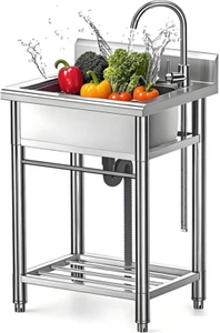 Stainless Steel Utility Sink Freestanding - with Adjustable Legs & Faucet for La - Picture 1 of 7