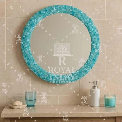 Espejo de cristal turquesa - Decoración de pared de piedras preciosas redondas para baño y tocador Foto 1 de 4