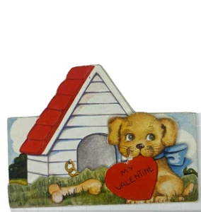 Valentinstag viktorianische gestanzte Grußkarte Hundehütte Welpe  - Bild 1 von 3