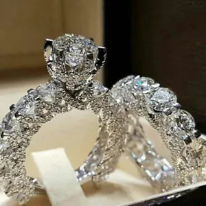 Elegant Zircon Ring Jewelry Silver Color Engagement Wedding Ring Set for Women 2 - Picture 1 of 13