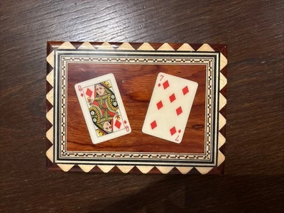Holzschatulle m. schönen Intarsien f. Kartenspiel Skat Rommee Handarbeit Spanien - Bild 1 von 4