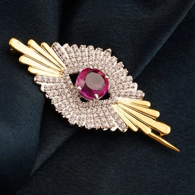 Broche redondo simulado rosa rubi feito à mão folheado a ouro amarelo 14k prata 925 - Imagem 1 de 4