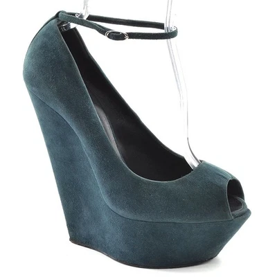 Womens Giuseppe Zanotti Wedge Ankle Strap Platform Pumps 40 9.5 Blue Suede Shoes - Image 1 of 4