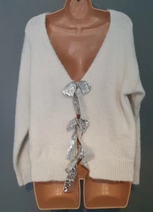 BNWOT Size 14 16 18 White Soft Knit Silver Sequin Bow Tie Back Jumper Top ! - Picture 1 of 5