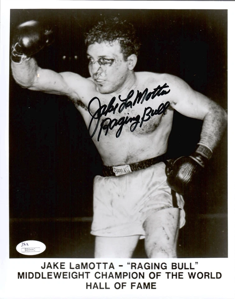 FOTO 8x10 firmada a mano de jake lamotta pose sangrienta toro furioso jsa Foto 1 de 1