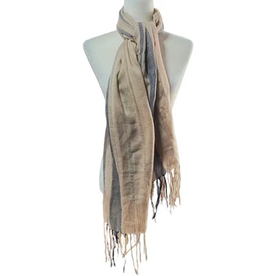 Oscar de la Renta Striped Scarf Tan Fringe Lightweight Wool Blend Made in Japan - Image 1 of 4