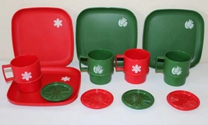Vintage Tupperware Red Green Christmas Mugs Dessert Plates Coasters 12pc Holiday - Picture 1 of 19