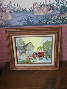Pintura firmada por H. Hargrove 14"x12" COSECHA DE MANZANAS Granero tractor agrícola - Imagen 1 de 9