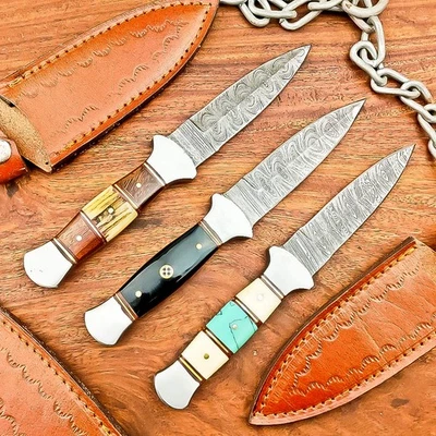 LOTE DE 3 PIEZAS Cuchillo de bota hecho a mano DAMASCO ACERO cuchillo daga / FUNDA IS-6874 Foto 1 de 4