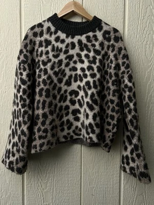 H&M 豹纹模糊针织毛衣女式 M 码黑色棕褐色圆领  — 第 1/4 张图片