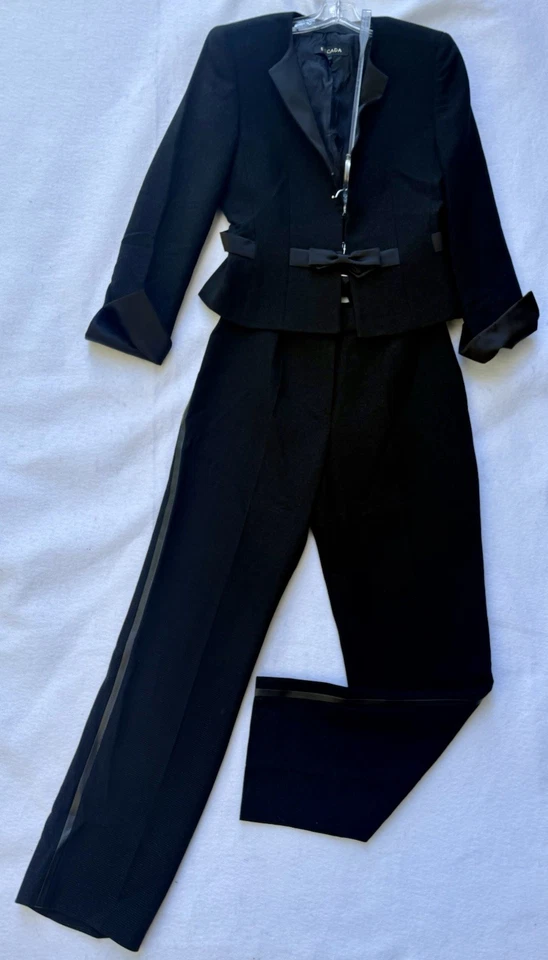 Blazer y pantalón traje ESCADA negro brillante con lazo de esmoquin talla 38 (M) cóctel femenino Foto 1 de 4