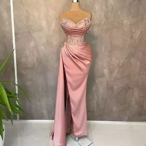 Vestidos de Fiesta Formales Rosa Sin Tirantes Sirena Satén Elegante Vestido de Noche Lateral - Imagen 1 de 10