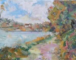 Gemälde "Hütte am Teich" ÖL AUF LEINWAND signiert "RM MORTENSEN" 2020 - Bild 1 von 4