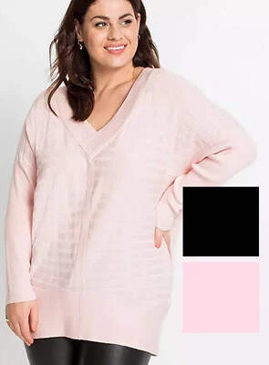 Evans Jumper Ladies Plus Size Outsize Baggy  Ribbed V Neck Jumper Black pink - Image 1 of 4
