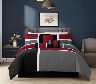7-Piece Quilted Patchwork Comforter Set Stylish Red/Gray/Black Design King Size - Image 1 of 4