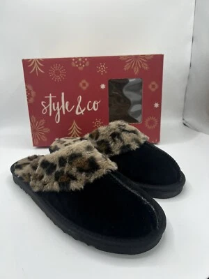 Style & Co 正品麂皮绒鞋面黑色豹纹拖鞋女式 11 码 — 第 1/4 张图片