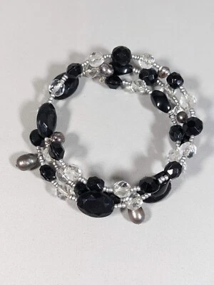 Gray Pearl Clear Glass Black Bead Memory Wire Wrap Bracelet - Image 1 of 4