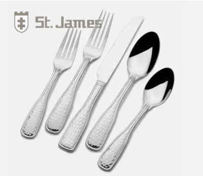 St. James 18/10 Stainless Steel 45pc Flatware Country Hammer Set+Hostess G100270