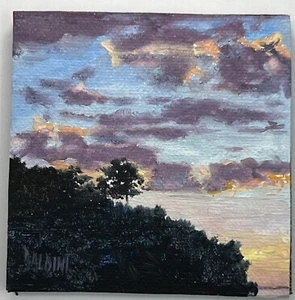 J R Baldini Oil on Canvas Plein Air Painting Sunset Dusk Colorful Clouds 3x3” - Picture 1 of 8