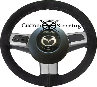 CUBIERTA DE VOLANTE DE GAMUZA NEGRA PUNTADA NEGRA PARA MAZDA MX5 MK3 MIATA 2005-2014 - Imagen 1 de 3