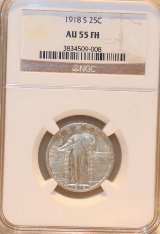 1918 S US Standing Liberty Quarter 25c NGC AU55 FH (Full Head) Cover