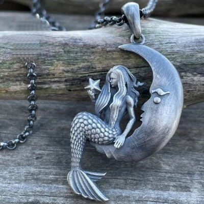 Collana uomo acciaio inox sirena vintage amuleto pendente gioielli portafortuna - Immagine 1 di 4