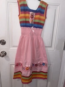 Girls Mexican Embroidered Crochet Floral Multicolor Pink Dress Size 12 - Picture 1 of 14