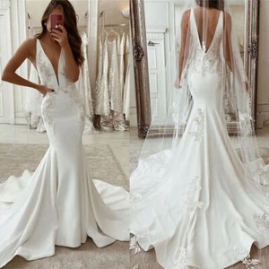 Beach Mermaid Wedding Dresses Sexy Deep V-Neck Backless Sweep Train Bridal Gowns - Picture 1 of 9