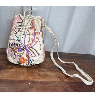 Vintage Lucky Brand Cotton Canvas Bucket Bag Crossbody Embroidered Butterfly - Image 1 of 4
