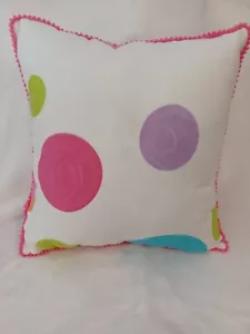 Handmade Circles Pillow w/Pom Pom Piping, White/Lime/Pink/Aqua, Cotton 14x14", - Picture 1 of 3