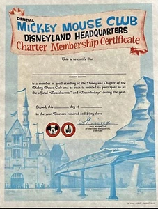 Disneyland Official Mickey Mouse Club Charter Member Certificate Print Copy - Picture 1 of 3
