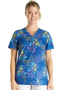 Cherokee Print V-Neck Print Scrub Top CK671 PWKP Patchwork Pop Free Ship - Picture 1 of 5