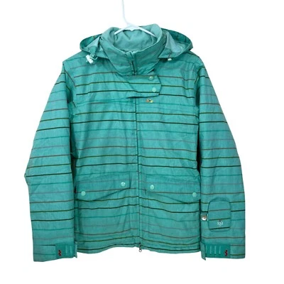 Foursquare Snowboard Women's Size S Hooded Jacket Mint Green Blue Striped - Image 1 of 4