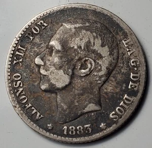 1883 SPAIN PESETA-VERY GOOD+-.835 SILVER-KM-686-FREE-USA-SHIP - Picture 1 of 2