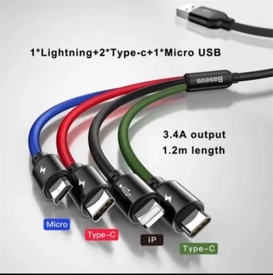Baseus 4 in 1 Multi USB Charging Cable Fast Charger Cord For iPhone Type C Micro - Image 1 of 2