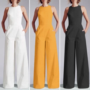 UK Women Sleeveless Back Zipper Long Jumpsuits Playsuits Office Work Pants Plus - Picture 1 of 15