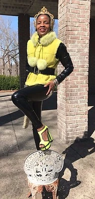 Дизайнер Morris Kaye желтый лайм зеленый стриженный мех и лисий мех жилет пальто куртка S-M - Изображение 1 из 4