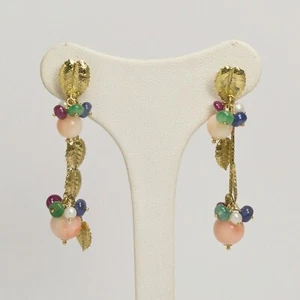 Pendientes de Oro Amarillo 18kt con Hojas Y Coral Rosa Rubíes Zafiros Oght - Imagen 1 de 3