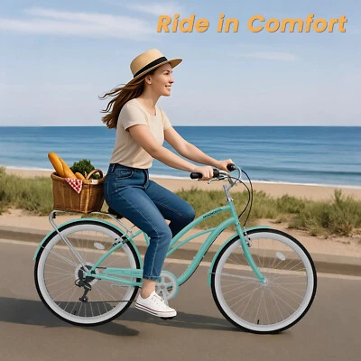 MOONCOOL Women Cruiser Bike Beach Bicycle 7 Speed 24 26 inch City Commuting Cyan - Image 1 of 4