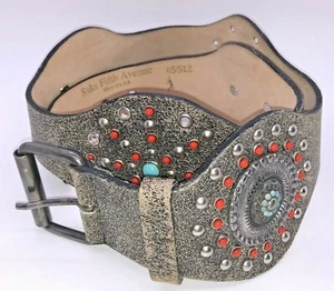 Saks Fifth Avenue Gray Leather Studded Turquois Women Belt Large 34" - Picture 1 of 12