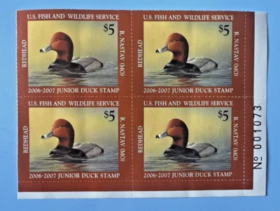 2006-2007 Junior US Duck Stamp $5 - Redhead - Cat # JDS14 Plate Block 4 | FV$20 - Image 1 of 2