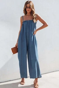 NEW Cupshe Denim Wide Leg Boho Romper Womens XL Light Wash Cotton Beach Jumpsuit - Picture 1 of 15