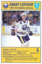 91-92 BUFFALO SABRES BLUE SHIELD POSTCARD #3 GRANT LEDYARD