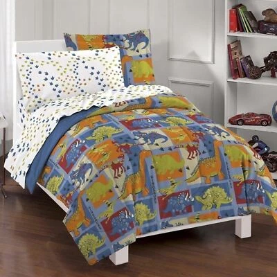 Twin Full Bed Bag Dinosaurs Blue Green Orange Reversible 7pc Comforter Sheet Set - Image 1 of 3