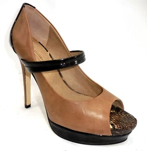 New MARCO SANTI Womens SZ 9 B TAN / BLACK Leather Open Toe Heels Platform Shoes - Picture 1 of 10