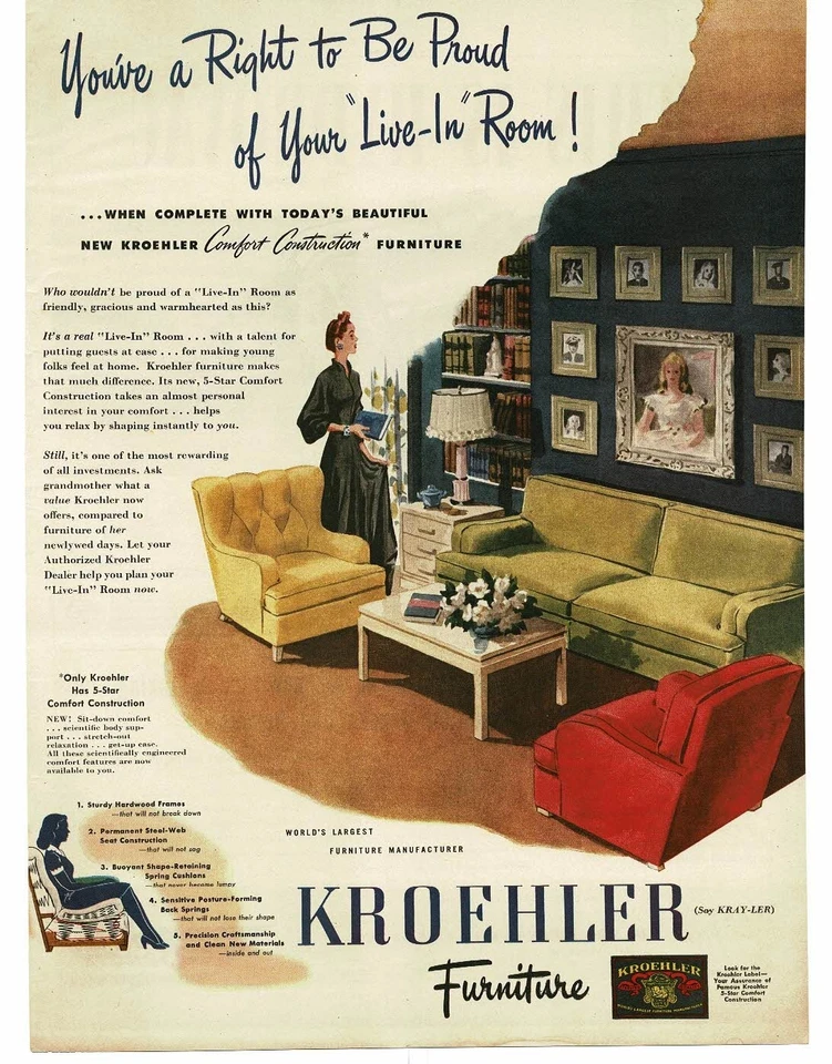 1945 Kroehler Furniture Sofa Couch Wing Chair MCM 1940s Home Decor Print Ad - Image 1 of 1